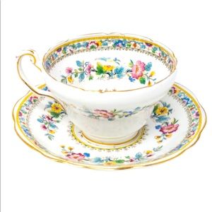 Antique Foley "Ming Rose" tea cup saucer chain
of summer flowers, vintage,1936